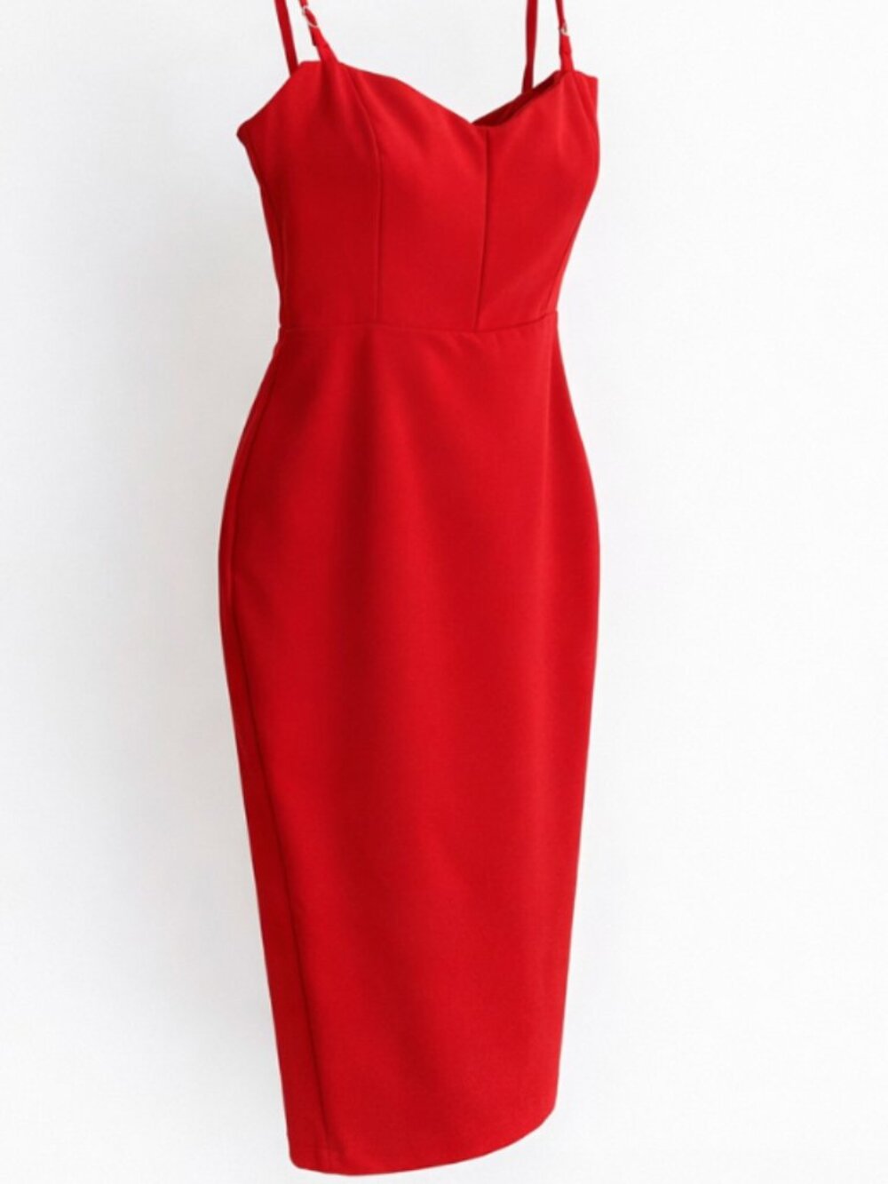 Red Bodycon Midi Dress | Adjustable Straps | Sleek Fitted Cocktail Dress